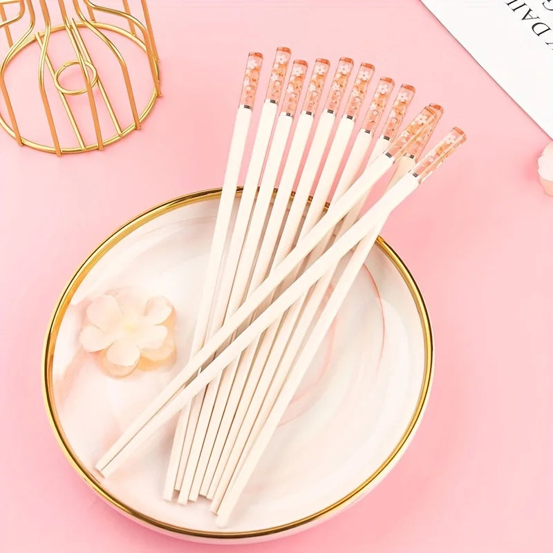 24cm Alloy Chopsticks Set of 5 Pairs, Sakura Flower Pattern on Handle, Non-Slip Tips, Dishwasher Safe, Modern Tableware