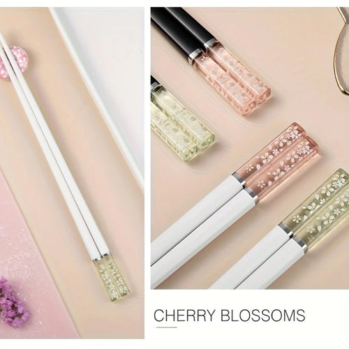 24cm Alloy Chopsticks Set of 5 Pairs, Sakura Flower Pattern on Handle, Non-Slip Tips, Dishwasher Safe, Modern Tableware