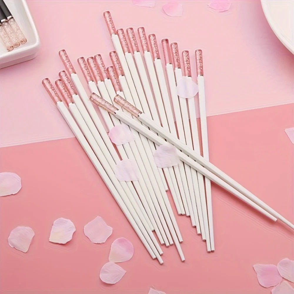 Colorful Transparent Handle Chopsticks, 5-Pair Set 24cm, Cherry Blossom Design, Durable Alloy Material, for Daily Use