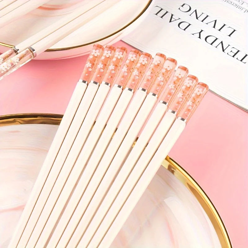 Colorful Transparent Handle Chopsticks, 5-Pair Set 24cm, Cherry Blossom Design, Durable Alloy Material, for Daily Use
