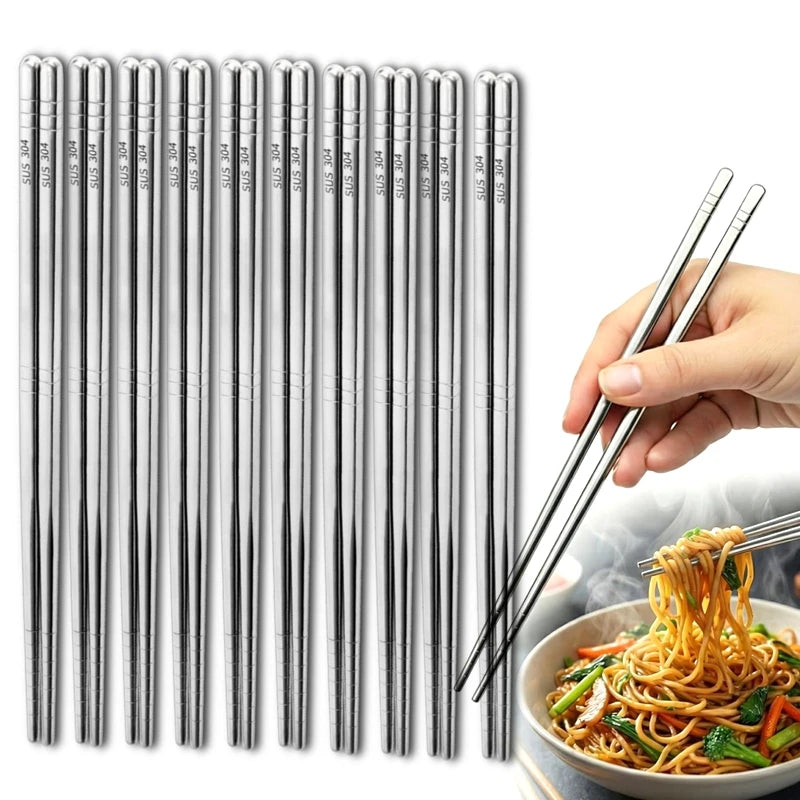 304 Stainless Steel Chopsticks 10 Pairs, 9 Inch Reusable Metal Chopstick Square Anti-Roll & Non-Slip Tips, Dishwasher Safe