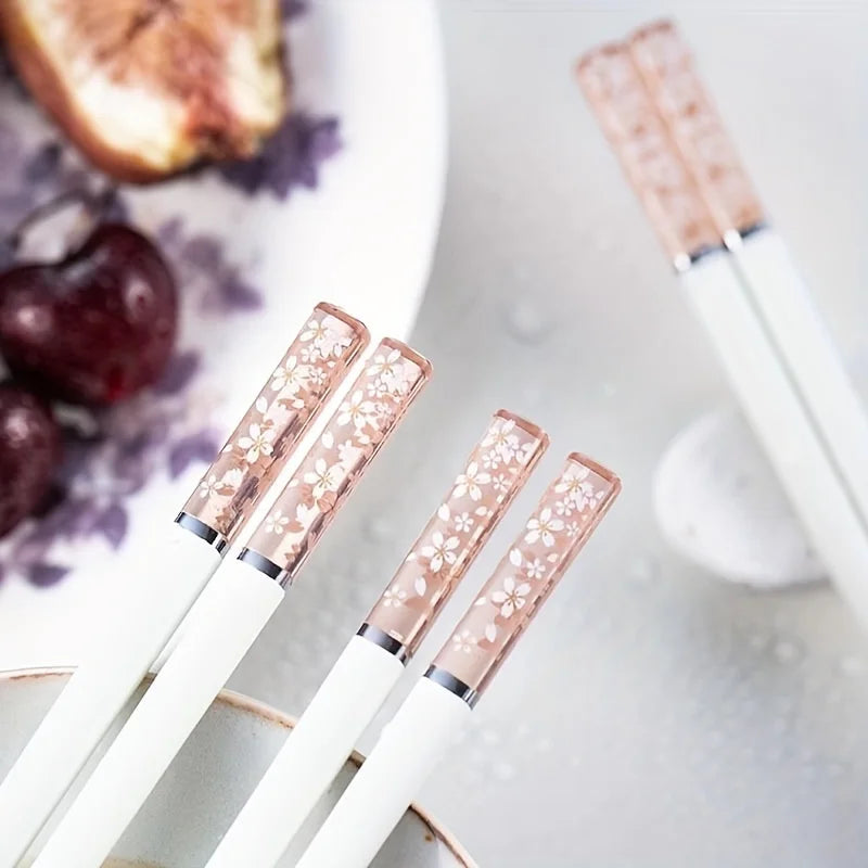 Colorful Transparent Handle Chopsticks, 5-Pair Set 24cm, Cherry Blossom Design, Durable Alloy Material, for Daily Use